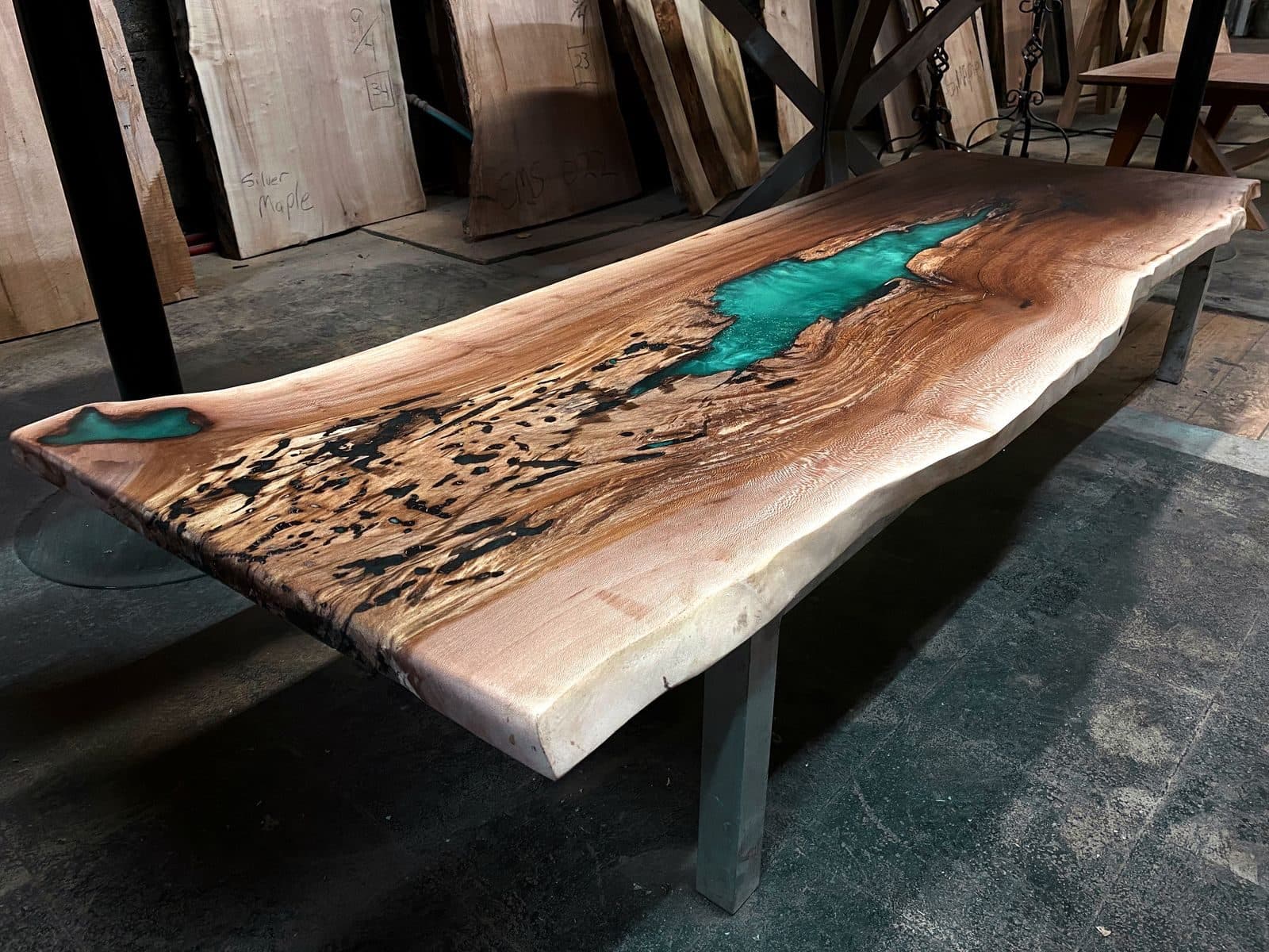Large green epoxy river table